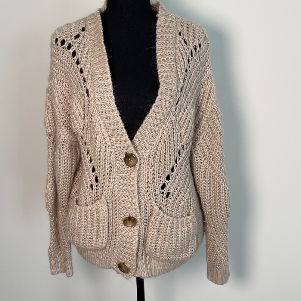 Pink Rose Womens Open-Knit Beige Button-Front Cardigan with Pockets Size Large